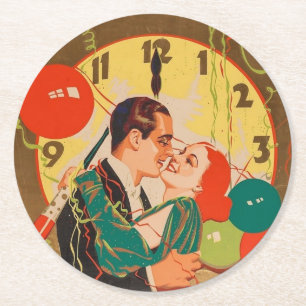 Vintage Art Deco Silvester-Kussuhr Runder Pappuntersetzer