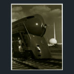 Vintage Art Deco "Steampunk" Lokomotive Poster<br><div class="desc">Dies ist ein digital erweiterter Ausdruck eines Vintagen Fotos einer Art Deco "Steampunk" Lokomotive mit dem Eingang zur Perisphere der New Yorker Messe von 1939 im Hintergrund.</div>