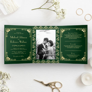 Vintage Art Deco Stil Grüne und Goldene Hochzeit Dreifach Gefaltete Einladung