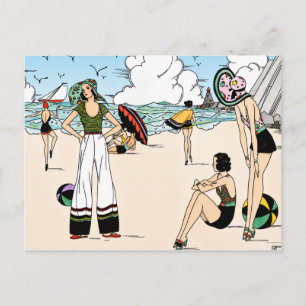 Vintage-Art-Déco-Strandillustration 1920er Küste Postkarte