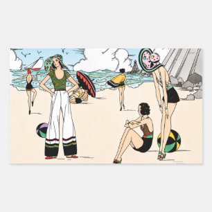 Vintage-Art-Déco-Strandillustration 1920er Küste Rechteckiger Aufkleber