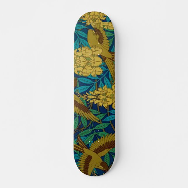 Vintage Art-Deco-Vögel und Blätter Skateboard (Vorne)