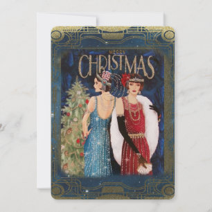 Vintage Art Deco Weihnachtsfrauen Feiertagskarte