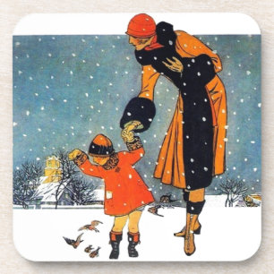 Vintage Art Deco Winter Mutter und Kind im Schnee Getränkeuntersetzer