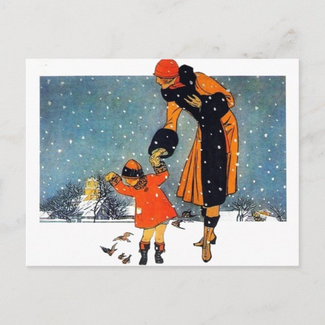 Vintage Art Deco Winter Mutter und Kind im Schnee  Postkarte (Vorderseite)