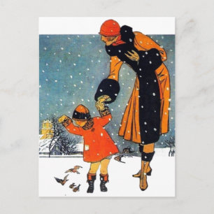 Vintage Art Deco Winter Mutter und Kind im Schnee Postkarte