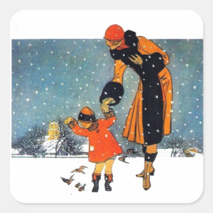Vintage Art Deco Winter Mutter und Kind im Schnee Quadratischer Aufkleber