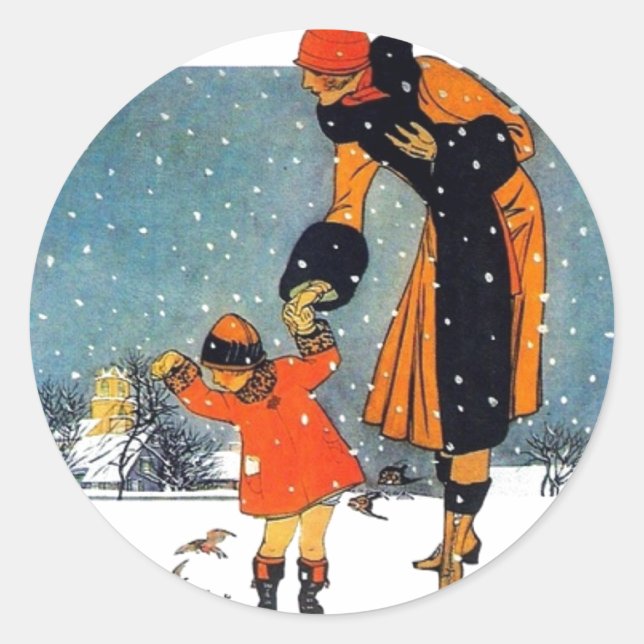 Vintage Art Deco Winter Mutter und Kind im Schnee  Runder Aufkleber (Vorderseite)