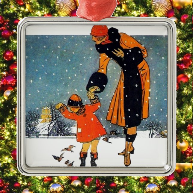 Vintage Art Deco Winter Mutter und Kind im Schnee  Silbernes Ornament (Von Creator hochgeladen)