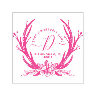 Vintage Art-Geweih-Horn-Blumenmonogramm-Adresse Permastempel