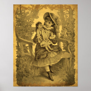 Vintage Art Girl mit Puppenlaufzeit Poster