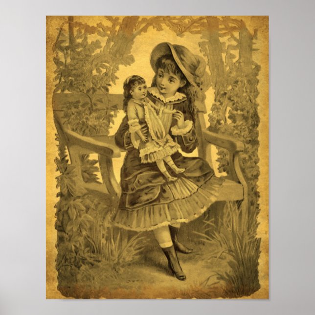 Vintage Art Girl mit Puppenlaufzeit Poster (Vorne)