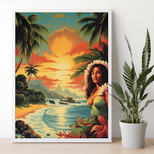 Vintage Art Hawaii Strand Hawaiianisches Mädchen R Poster