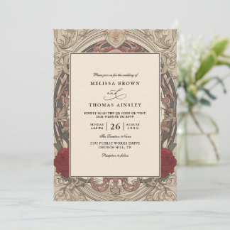 Vintage Art Modern Floral Burgundy QR Code Wedding Einladung