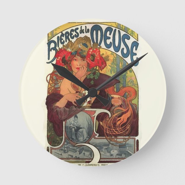 Vintage Art Nouveau Alphonse Mucha Runde Wanduhr (Vorderseite)