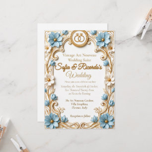 Vintage Art Nouveau Blau & Gold geprägte Hochzeit Einladung