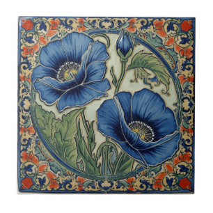 Vintage Art Nouveau Blaue Mohnblumen Floral Fliese