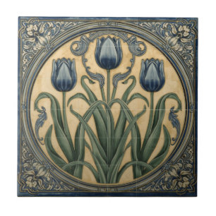 Vintage Art Nouveau Blaue Tulpen Blumenmuster Fliese
