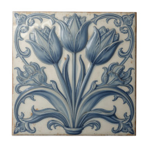 Vintage Art Nouveau Blaue Tulpen Blumenmuster Fliese