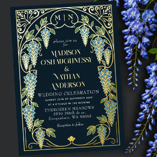Vintage Art Nouveau Blaue Wisteria Hochzeit Folieneinladung