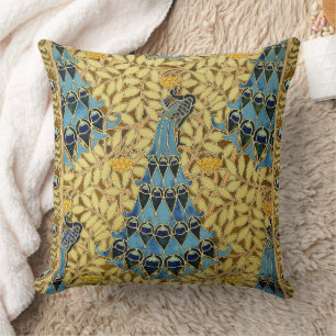 Vintage Art Nouveau Blaues Pfauen-Blumenmuster Kissen