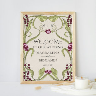 Vintage Art Nouveau Burgunderrosa Floral Willkomme Poster
