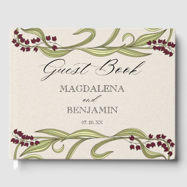 Vintage Art Nouveau Burgundy Green Flowers Wedding Gästebuch (Vorderseite)