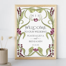 Vintage Art Nouveau Burgundy Pink Floral Welcome Poster