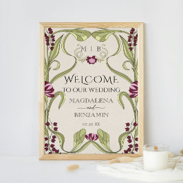 Vintage Art Nouveau Burgundy Pink Floral Welcome Poster