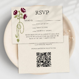 Vintage Art Nouveau Burgundy Pink Flowers QR Code RSVP Karte