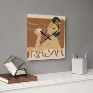 Vintage Art Nouveau Cafe Rajah, Dame mit Kaffee Quadratische Wanduhr
