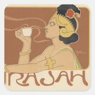 Vintage Art Nouveau Café Rajah, Dame mit Kaffee Quadratischer Aufkleber