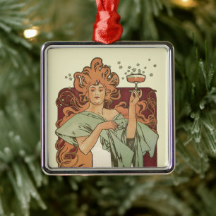 Vintage Art Nouveau, Champagner von Alphonse Mucha Silbernes Ornament