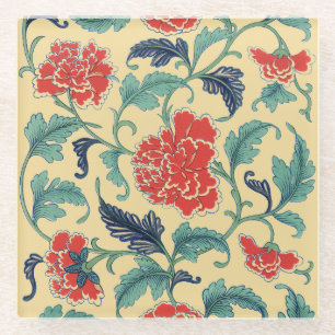 Vintage Art Nouveau Chinesisch Rot Blumen Chinoise Glasuntersetzer