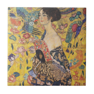 Vintage-Art-Nouveau-Dame-mit-Fächer-Gemälde Fliese