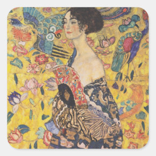 Vintage-Art-Nouveau-Dame-mit-Fächer-Gemälde Quadratischer Aufkleber