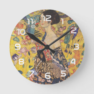 Vintage-Art-Nouveau-Dame-mit-Fächer-Gemälde Runde Wanduhr