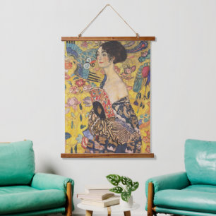 Vintage-Art-Nouveau-Dame-mit-Fächer-Gemälde Wandteppich Mit Holzrahmen