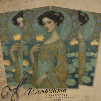 Vintage Art Nouveau Dame mit Wasserlilien-Decoupag Seidenpapier