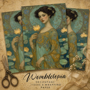 Vintage Art Nouveau Dame mit Wasserlilien-Decoupag Seidenpapier