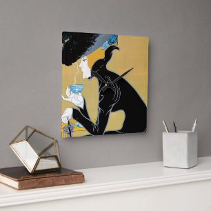 Vintage Art Nouveau, Dame trinkt Marco Polo Tee Quadratische Wanduhr