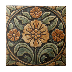 Vintage Art Nouveau Deco Majolika Floral Kunsthand Fliese