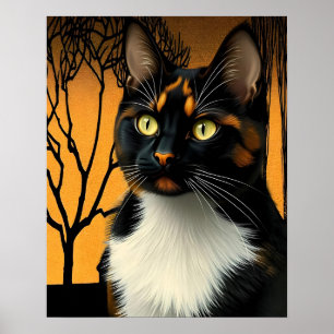 Vintage Art Nouveau Dreifarbenkatze im goldenen Fa Poster