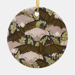 Vintage Art Nouveau Fledermaus und Mohn Blumenmust Keramik Ornament