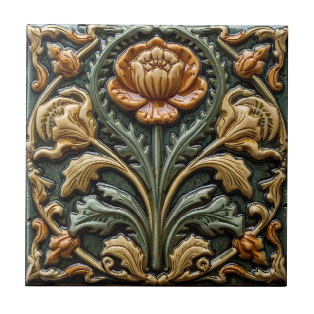 Vintage Art Nouveau  Floral Craftsman Fliese (Vorderseite)