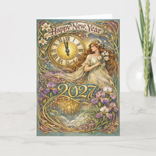 Vintage Art Nouveau Floral Frohes Neues Jahr 2027 Feiertagskarte