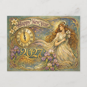Vintage Art Nouveau Floral Frohes Neues Jahr 2027 Feiertagspostkarte