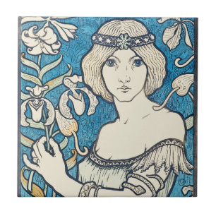 Vintage Art Nouveau Frau Blaues Blumenposter Druck Fliese