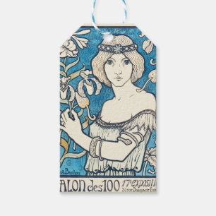 Vintage Art Nouveau Frau Blaues Blumenposter Druck Geschenkanhänger