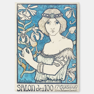 Vintage Art Nouveau Frau Blaues Blumenposter Druck Magnet